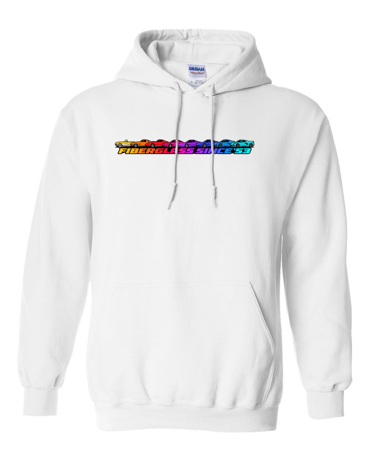 Flat gradient silhouette lineup of eight Chevrolet Corvette generations C1 to C8 with Fiberglass Since '53 text white pull over hoodie front view with the design