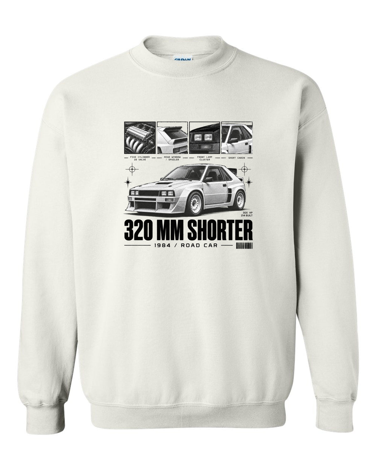 Audi Sport Quattro SWB 1984 Dossier white crewneck front view with the design