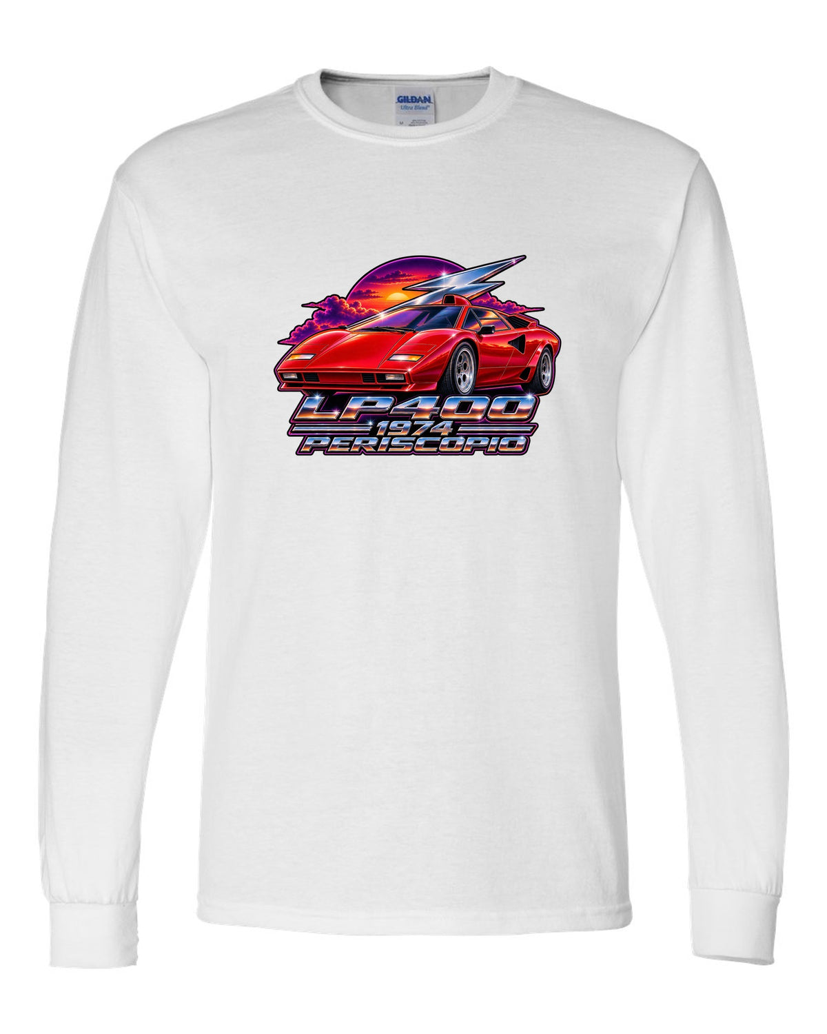 80s airbrush chrome style Lamborghini Countach LP400 with LP400 1974 Periscopio text white long sleeve front view with the design
