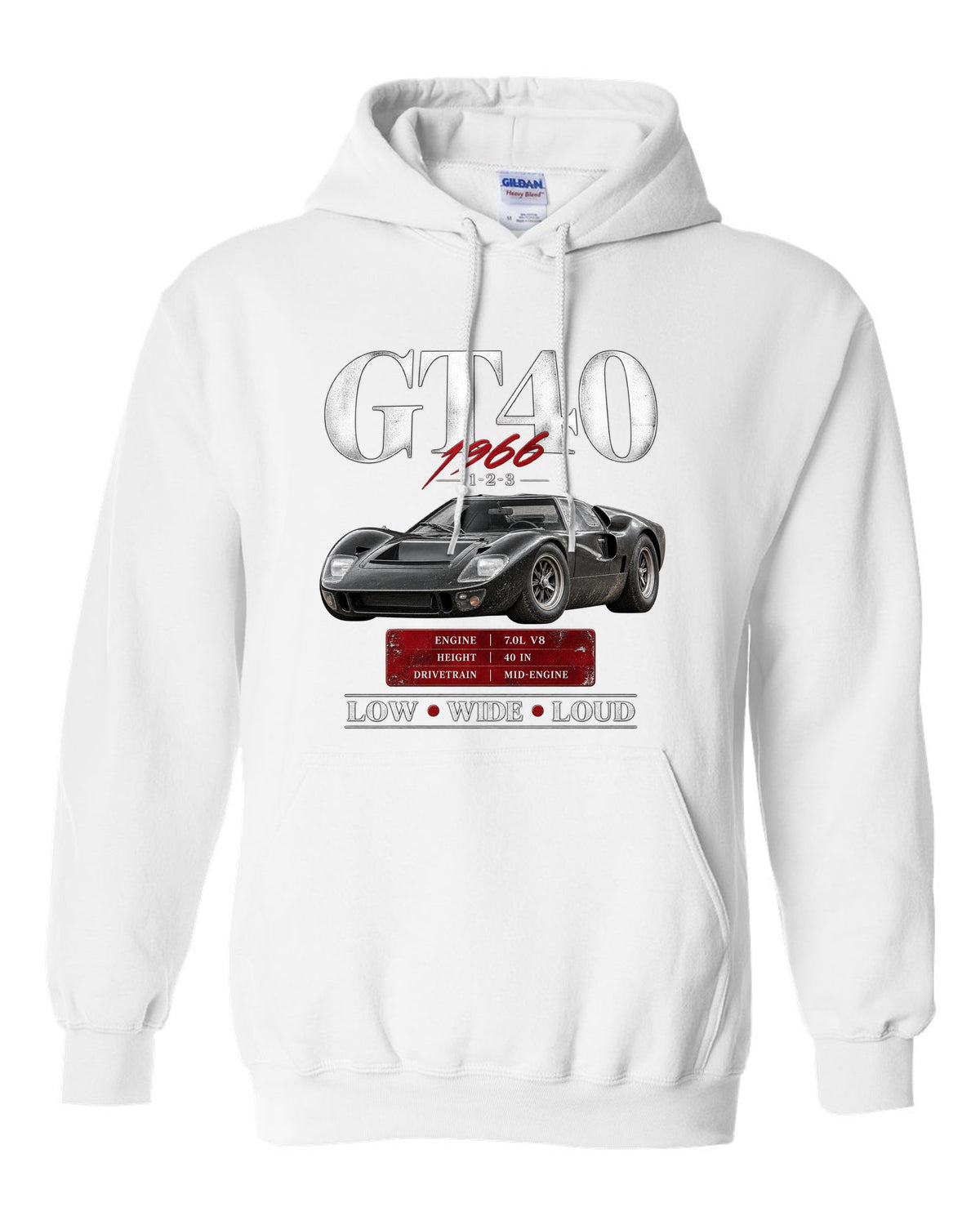 Archive panel print of a 1966 Ford GT40 Mk II with spec callouts white pull over hoodie front view with the design