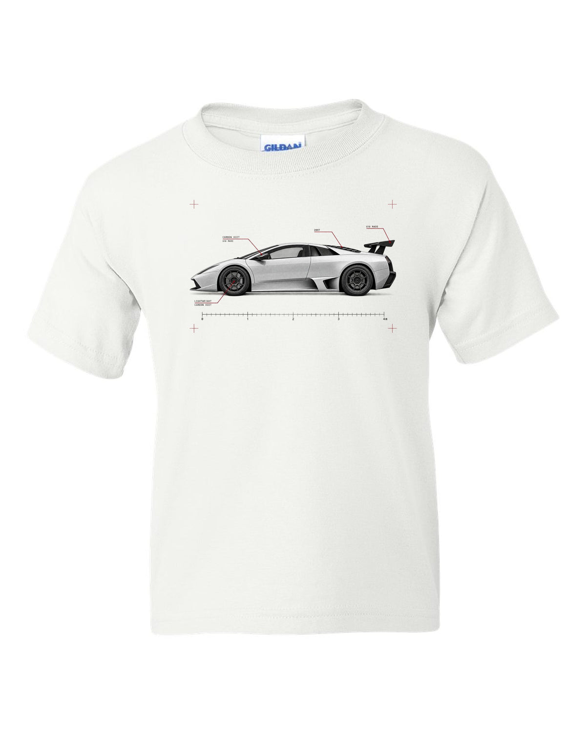 Spec poster print of a Lamborghini Gallardo Superleggera with 618 made and Carbon Diet text white kids tee front view with the design