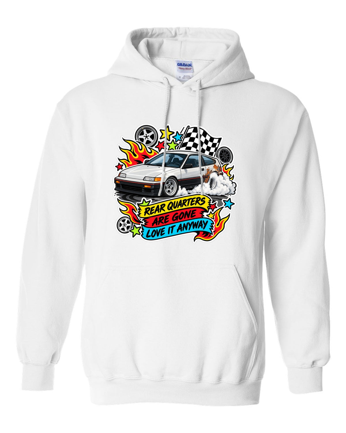 Sticker-bomb collage Honda CRX EF8 print with rusted rear quarters joke white pull over hoodie front view with the design