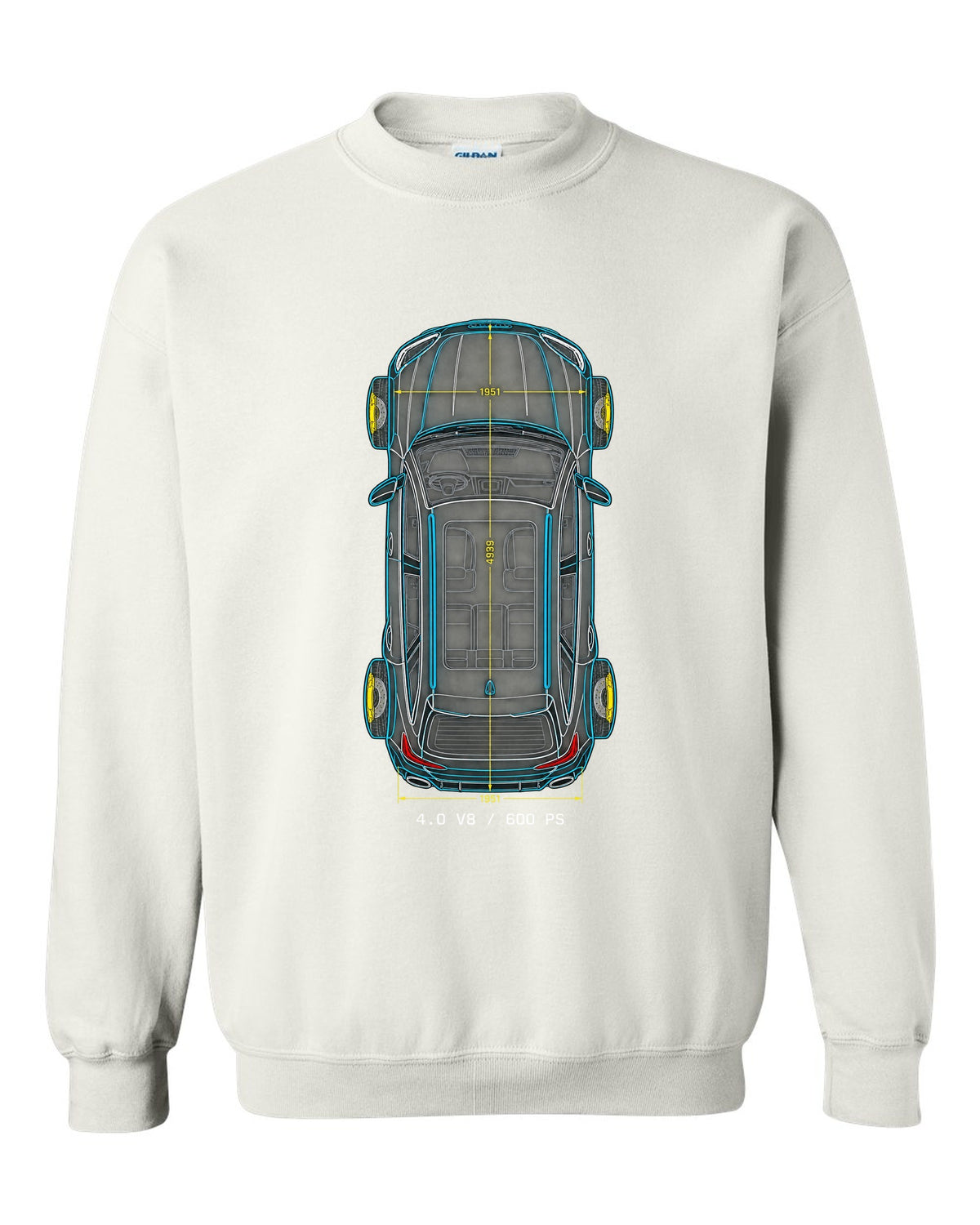Top-down technical blueprint design of the Audi RS6 Avant C8 with 4.0 V8 and 600 PS lettering white crewneck front view with the design