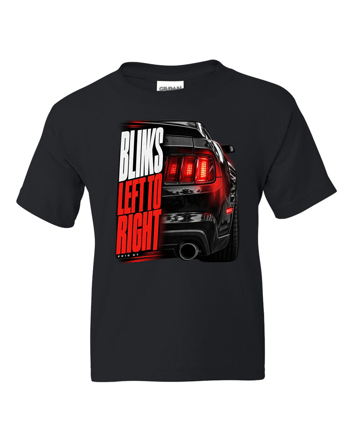 Macro print of a 2010 Ford Mustang S197 GT taillight black kids tee front view with the design
