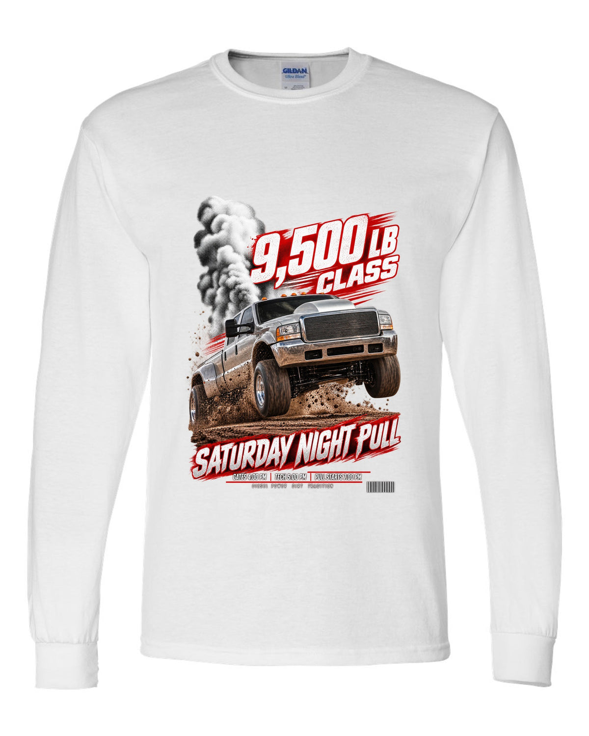 Race poster of a 1998.5-2002 Ram 2500 24V with the text 9,500 lb class, Saturday night pull white long sleeve front view with the design