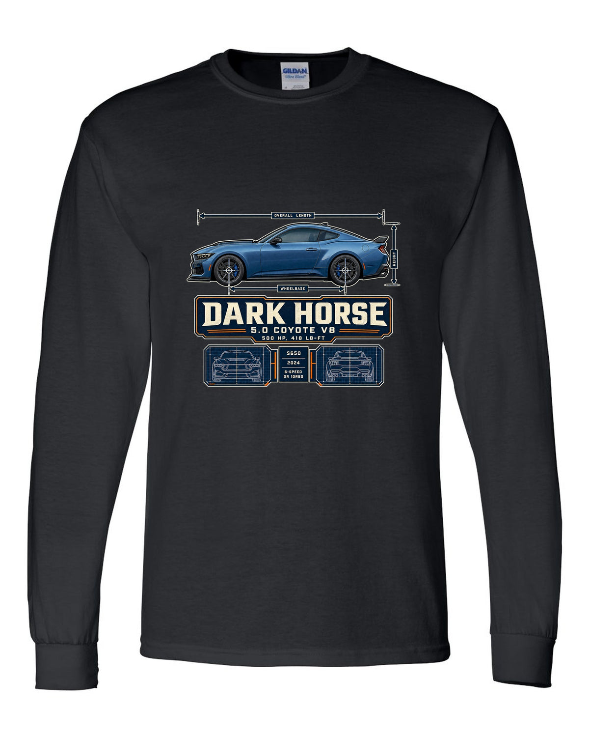 print of a Ford Mustang S650 Dark Horse dimension blueprint with 5.0 Coyote V8 and 500 HP text black long sleeve front view with the design