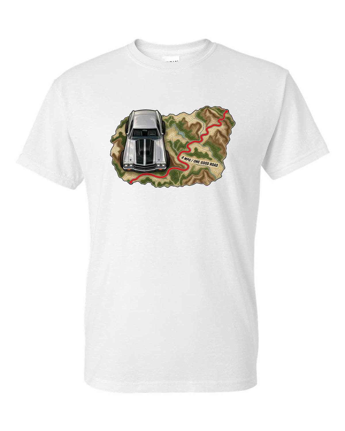 1970 Chevelle SS 454 on a topographic route map with the text 8 MPG One Good Road white t-shirt front view with the design