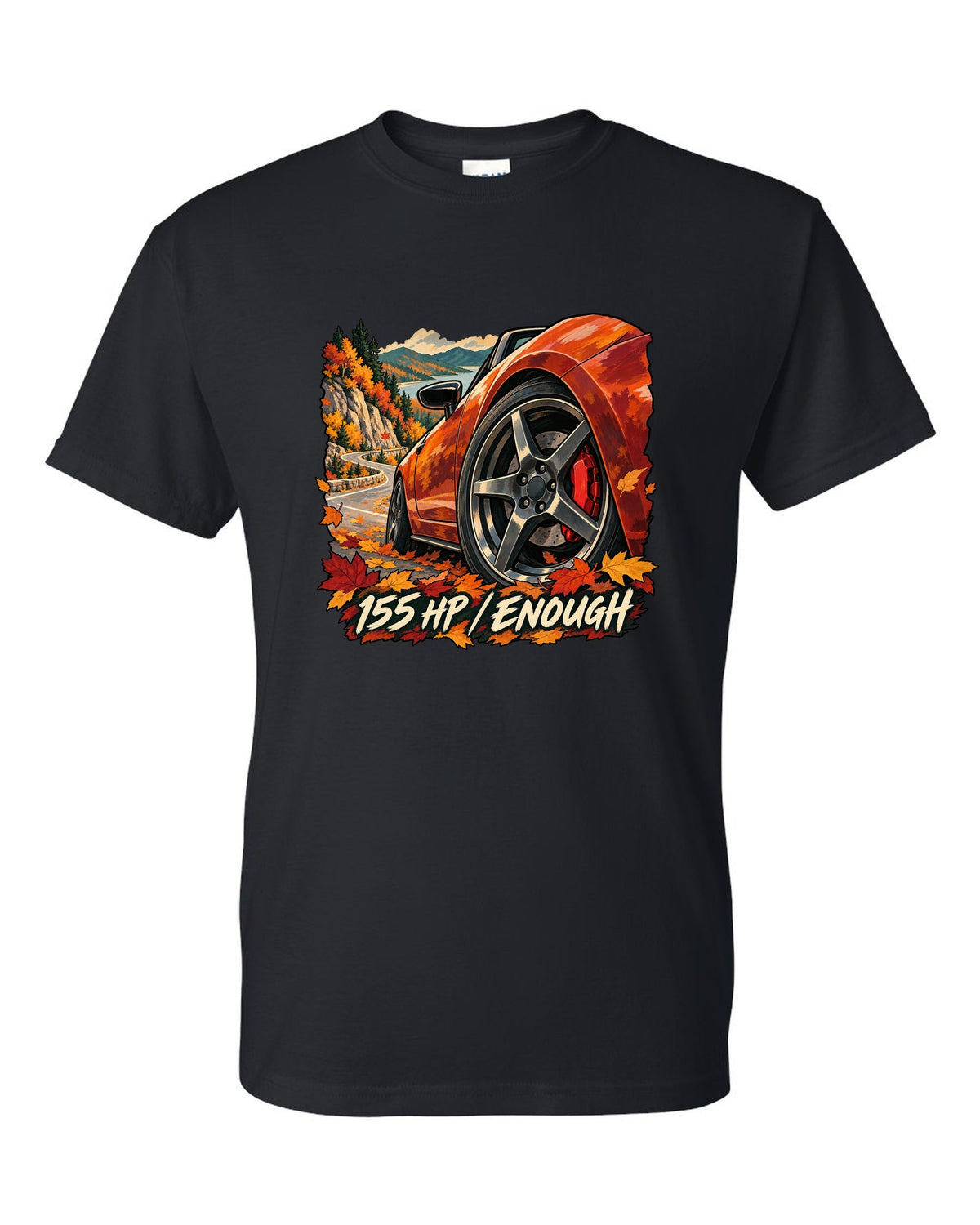 Painterly gouache illustration of a Mazda MX-5 ND on an autumn road with 155 HP / ENOUGH lettering black t-shirt front view with the design