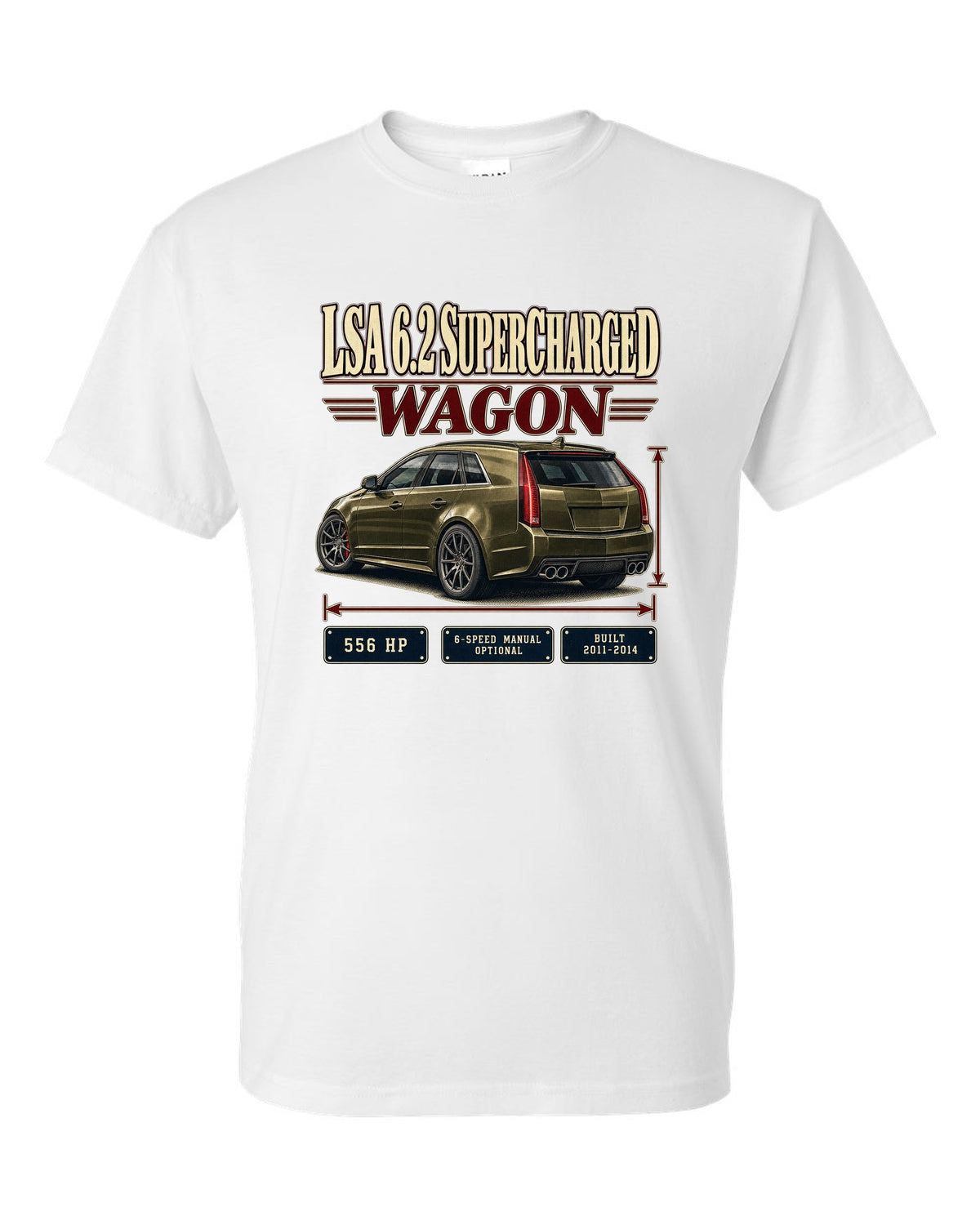 Archive panel print of a 2011-14 Cadillac CTS-V Sport Wagon white t-shirt front view with the design