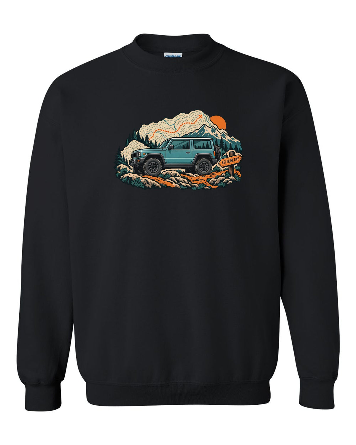 Topographic trail map print of a 2006-10 Hummer H3 with 3.5L inline five lettering black crewneck front view with the design