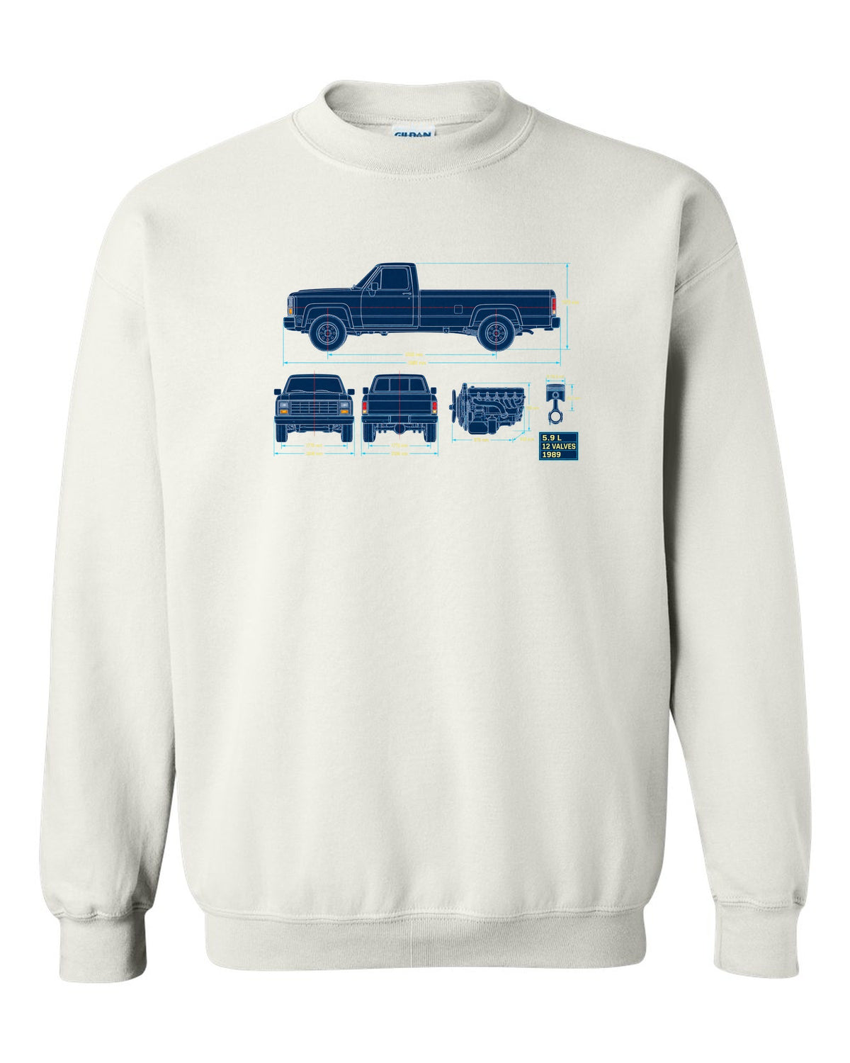 Blueprint line art print of a 1989-1993 Dodge Ram D250 Cummins with 5.9 L and 12 valves white crewneck front view with the design