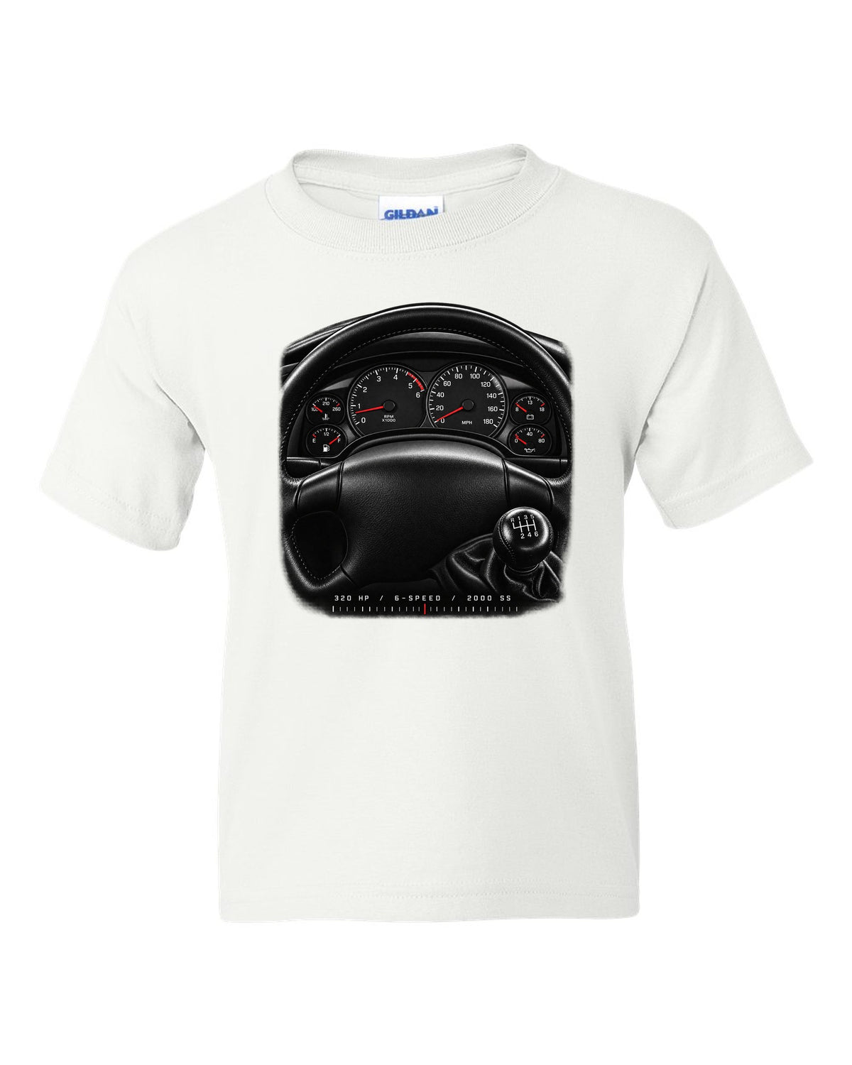 Gauge cluster print of a 2000 fourth-gen Chevrolet Camaro SS with 320 hp and 6-speed text white kids tee front view with the design