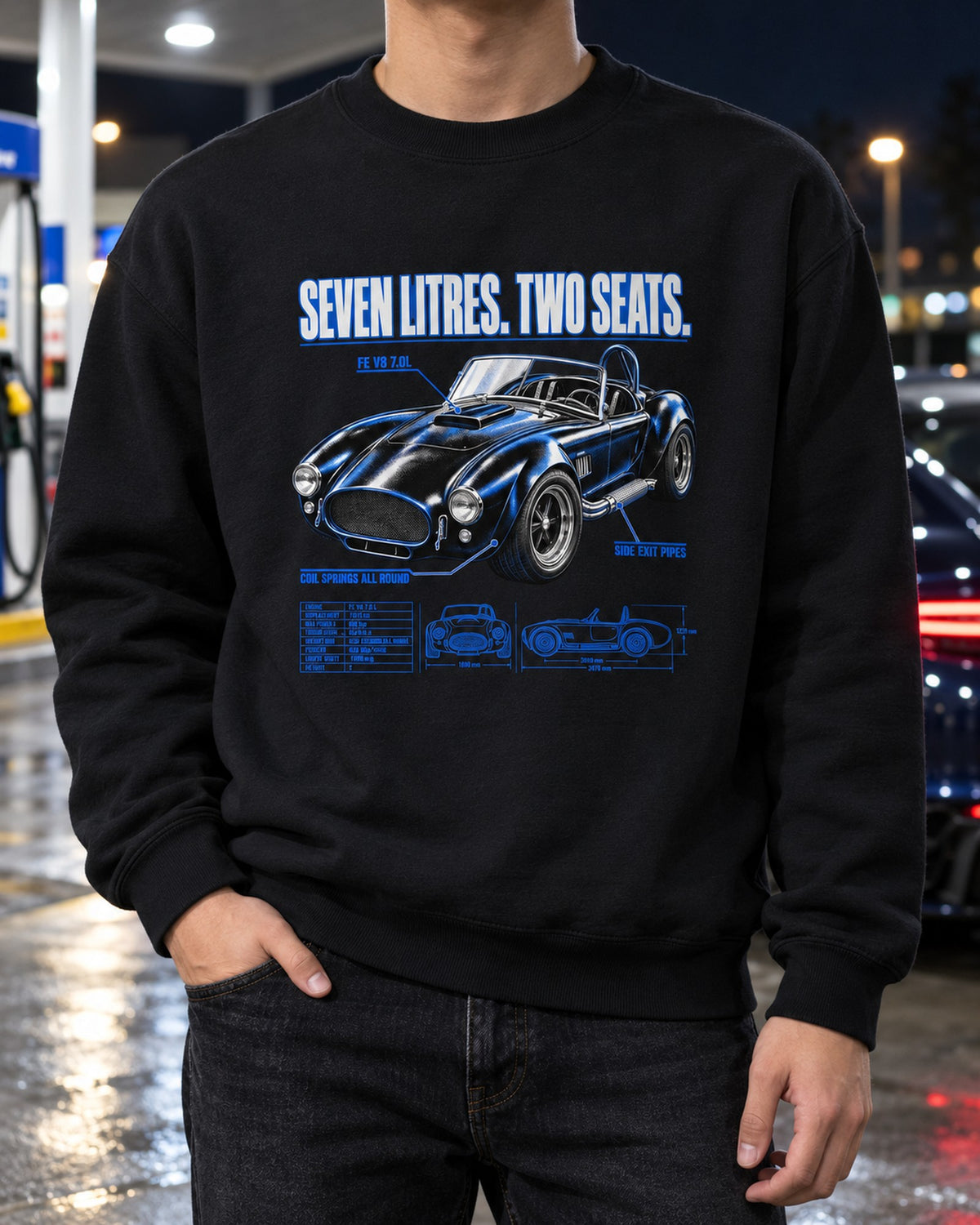 Shelby-Style 427 Roadster Top-Down Spec Poster Shirt, 1965-67 Crewneck Black worn hero