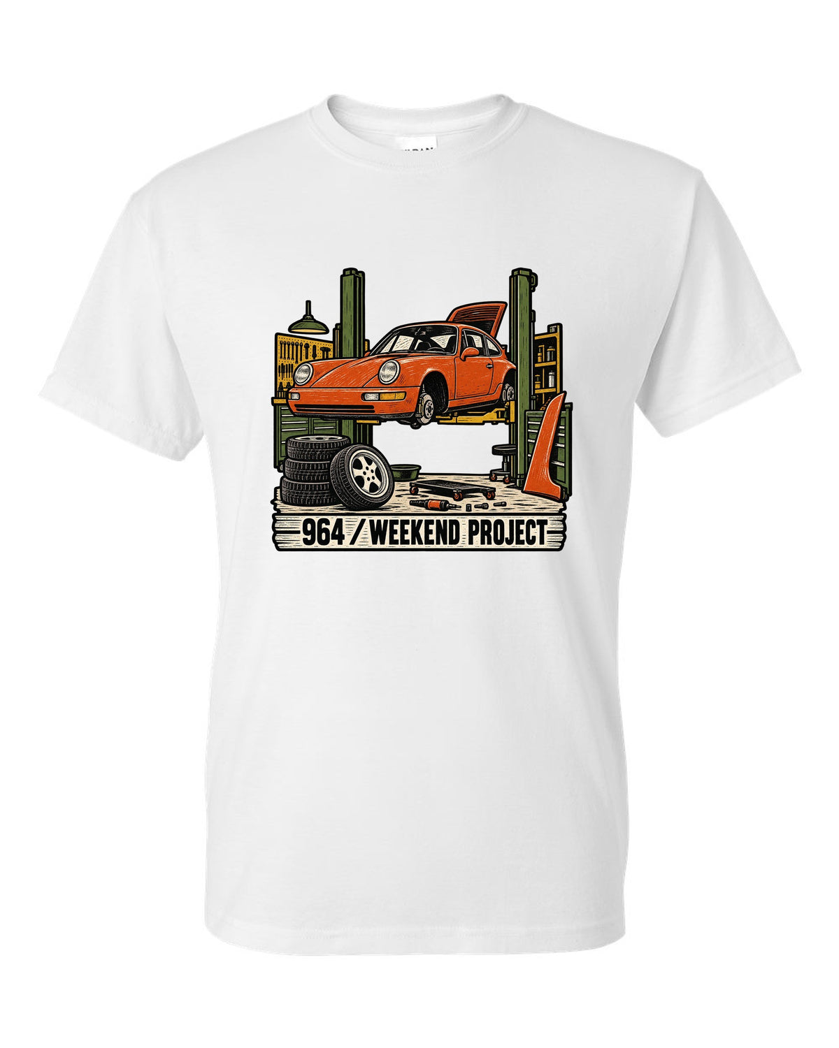 Linocut-style print of a Porsche 911 964 outlaw build with the text 964 Weekend Project white t-shirt front view with the design