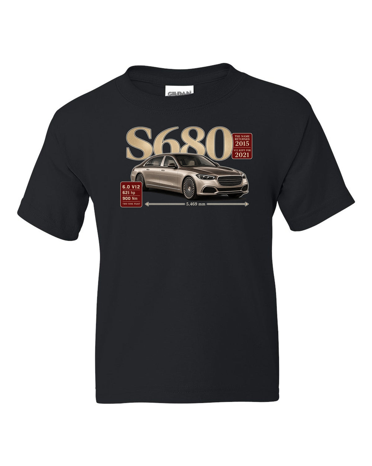 print archive panel of a Mercedes-Maybach S680 Z223 three-quarter with serif title black kids tee front view with the design