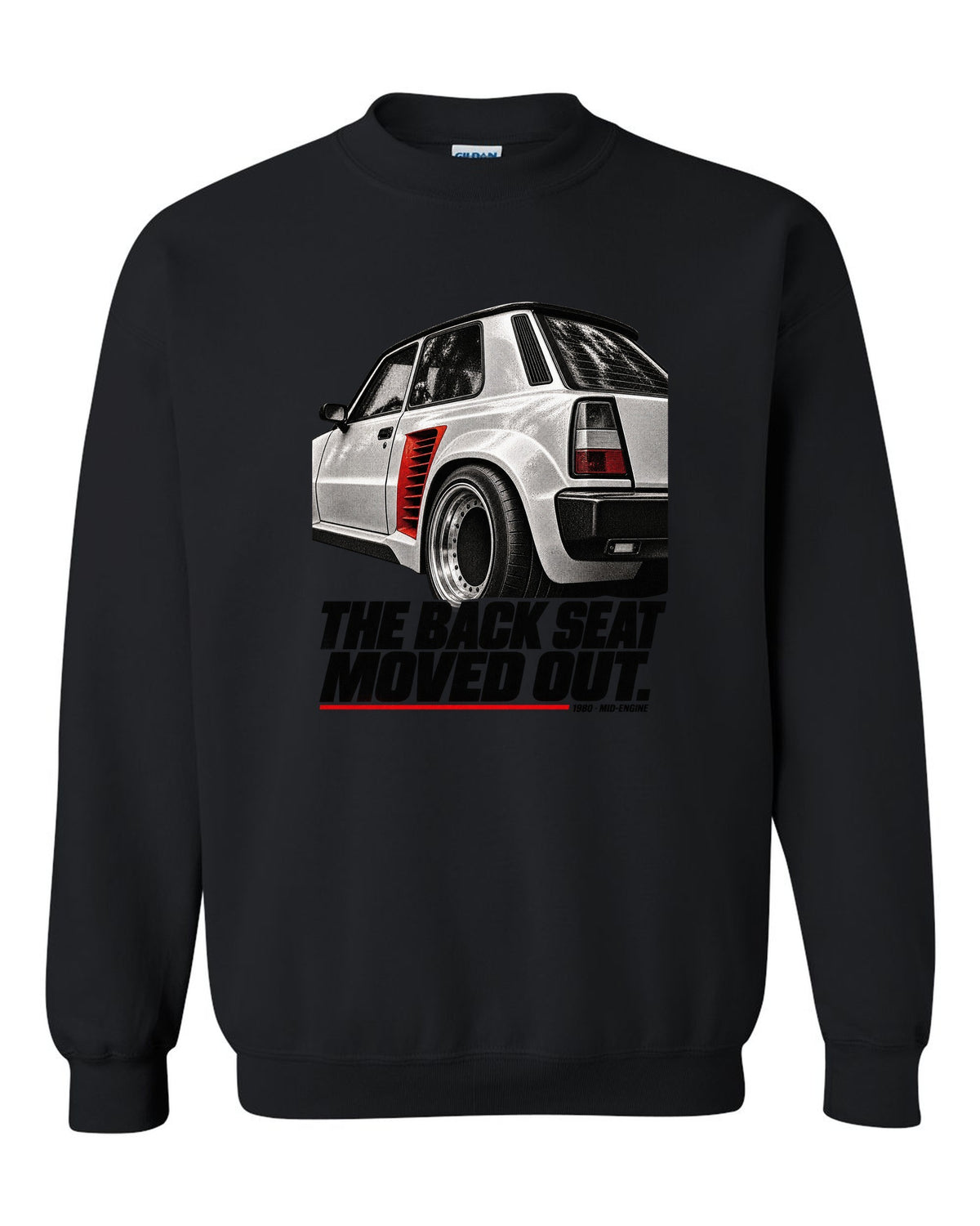 Renault 5 Turbo rear detail macro print with back seat caption black crewneck front view with the design