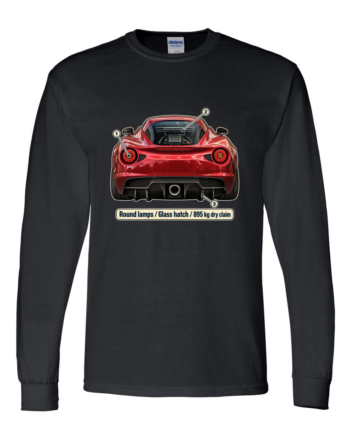 Taillight macro print of the Alfa Romeo 4C showing round lamps and glass ch black long sleeve front view with the design