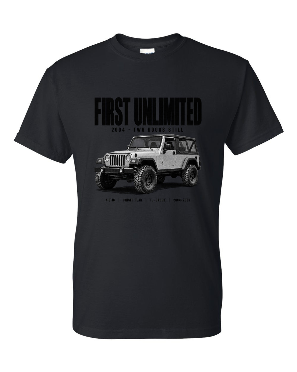 Halftone print for the Jeep Wrangler LJ Unlimited, First Unlimited 2004 black t-shirt front view with the design