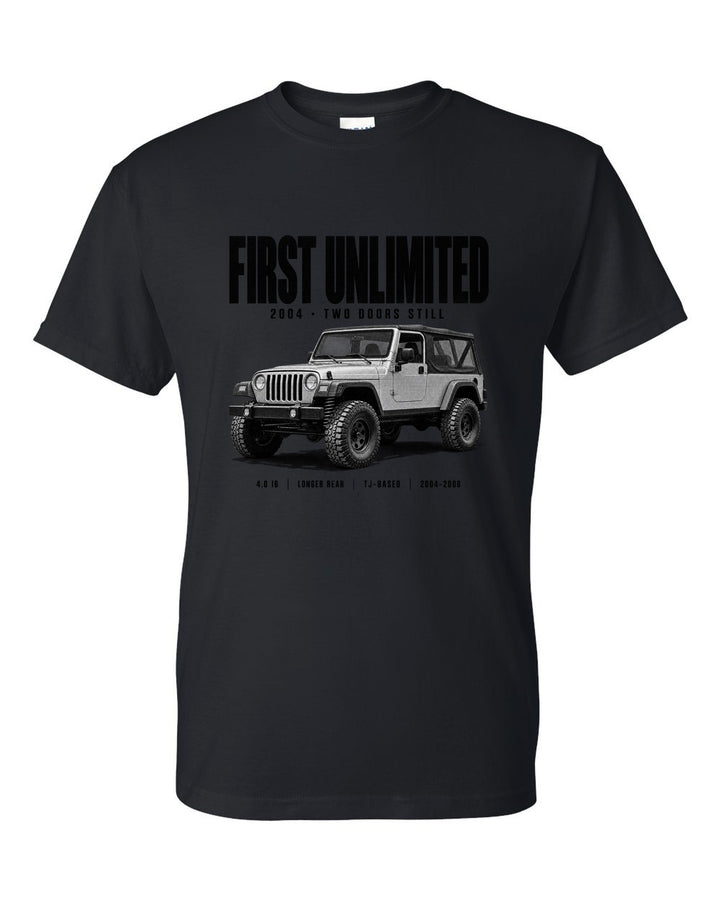Halftone print for the Jeep Wrangler LJ Unlimited, First Unlimited 2004 black t-shirt front view with the design