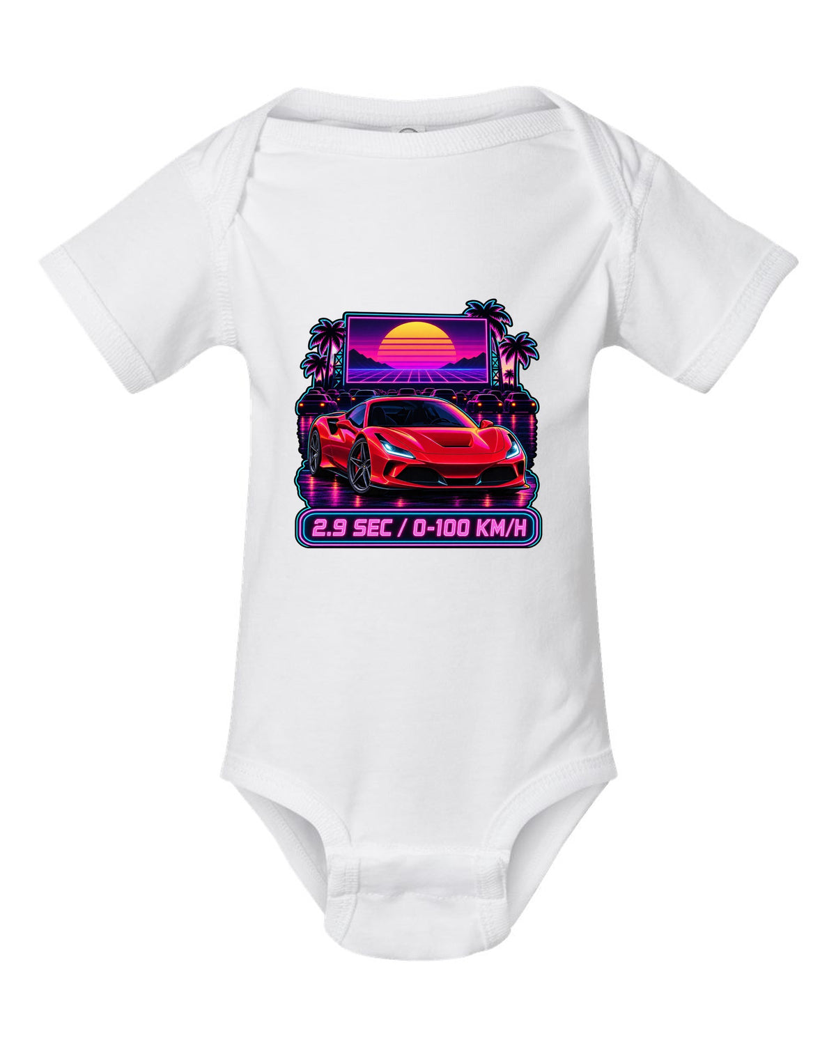 Synthwave outrun drive-in scene with Ferrari F8 Tributo and 2.9 sec text white baby onesie front view with the design