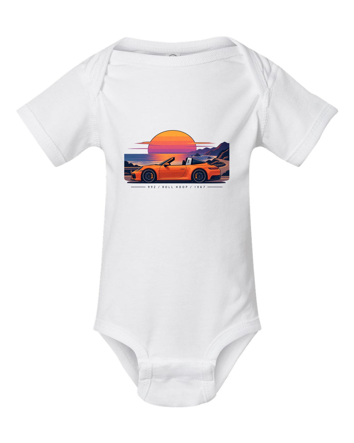 Porsche 997 GT3 RS exploded view diagram design in orange with Mezger lettering white baby onesie front view with the design