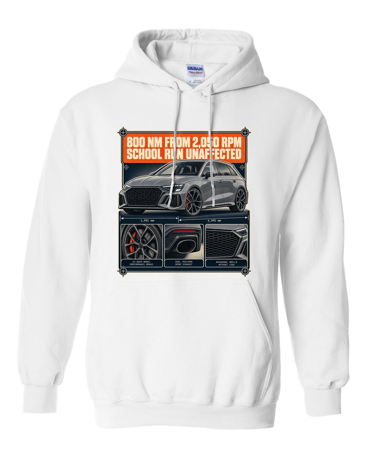 Dossier panels for the Audi RS6 Avant C8 noting 800 Nm from 2,050 rpm white pull over hoodie front view with the design