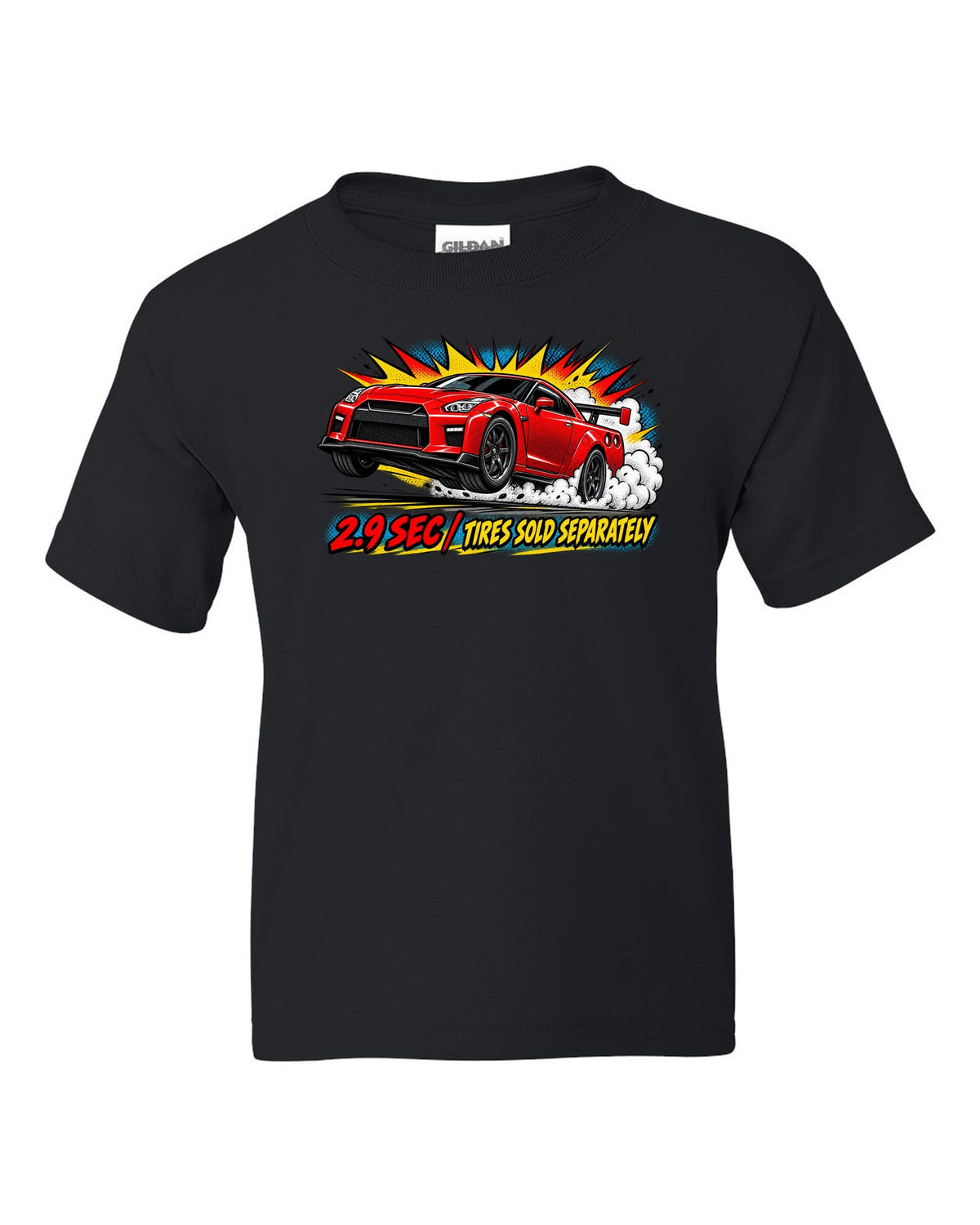 Comic halftone pop-art print of a Nissan GT-R R35 launching with 2.9 sec text black kids tee front view with the design