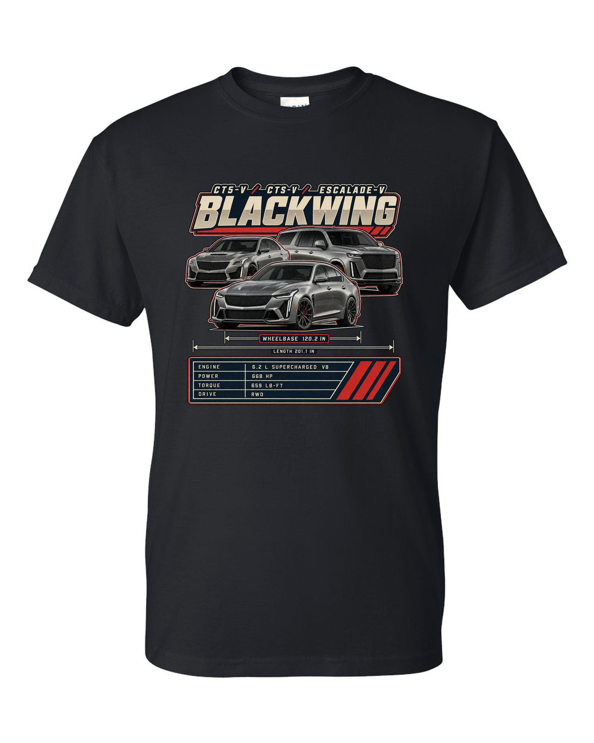 Spec poster print of a Dodge Charger SRT Hellcat Redeye Widebody black t-shirt front view with the design