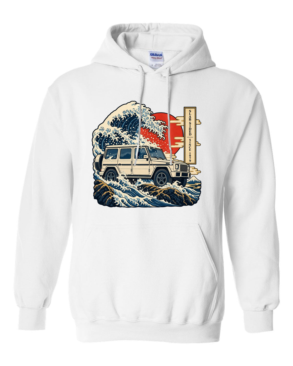 Bold crest graphic reading 577 HP and 2.5 Tonnes for the Mercedes G63 W464, print white pull over hoodie front view with the design