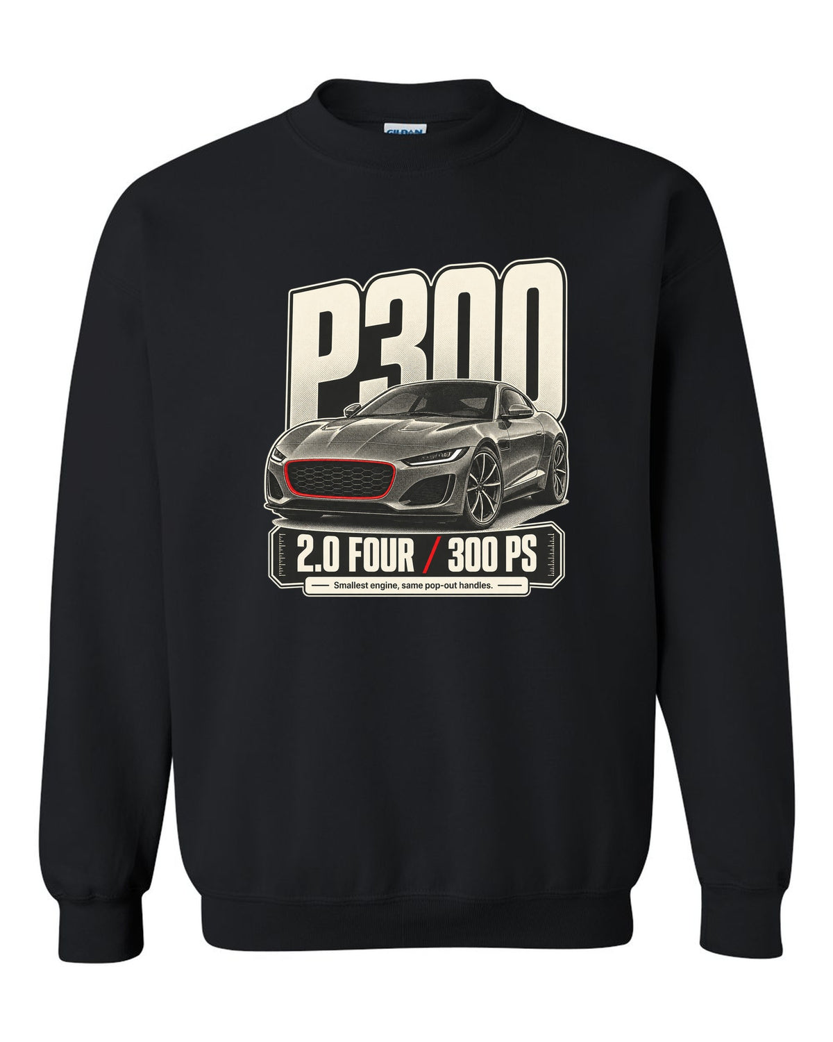 Halftone statement print for the Jaguar F-Type P300 2.0 four-cylinder with 300 PS text black crewneck front view with the design