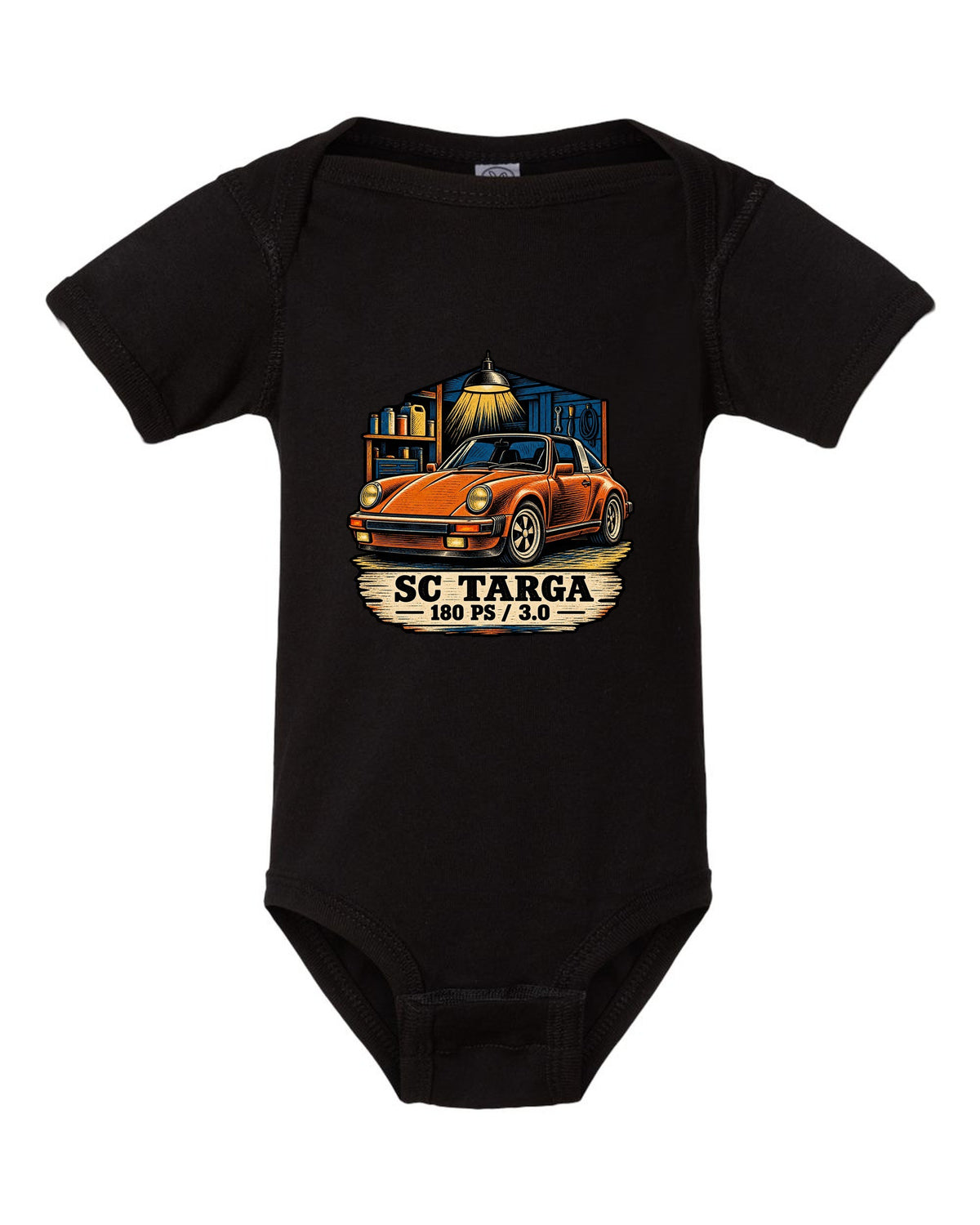 Blueprint line art print of a Porsche 356 A 1.6 L flat-four engine with the text 1600, 60 HP and fan on top black baby onesie front view with the design