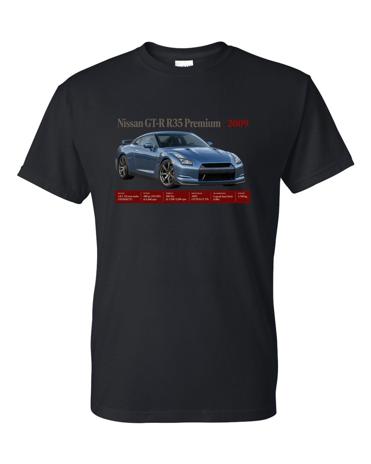Nissan GT-R R35 2009 Premium archive panel poster black t-shirt front view with the design