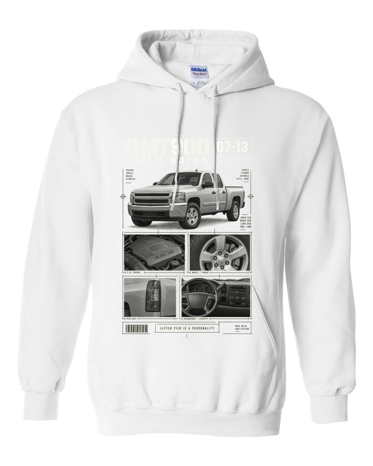 GMT900 Chevy Silverado crew cab field notes dossier print white pull over hoodie front view with the design