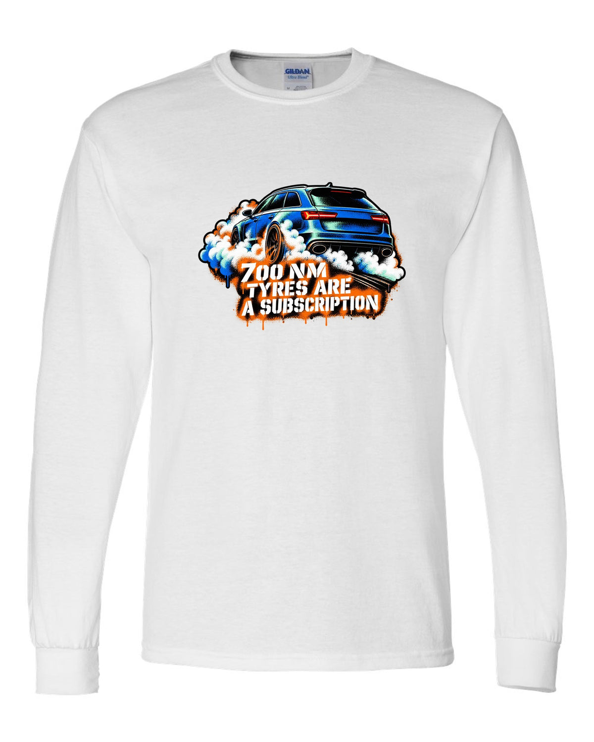 Stencil spray street art design of the Audi RS6 Avant C7 4G with 700 Nm and tyres are a subscription lettering white long sleeve front view with the design