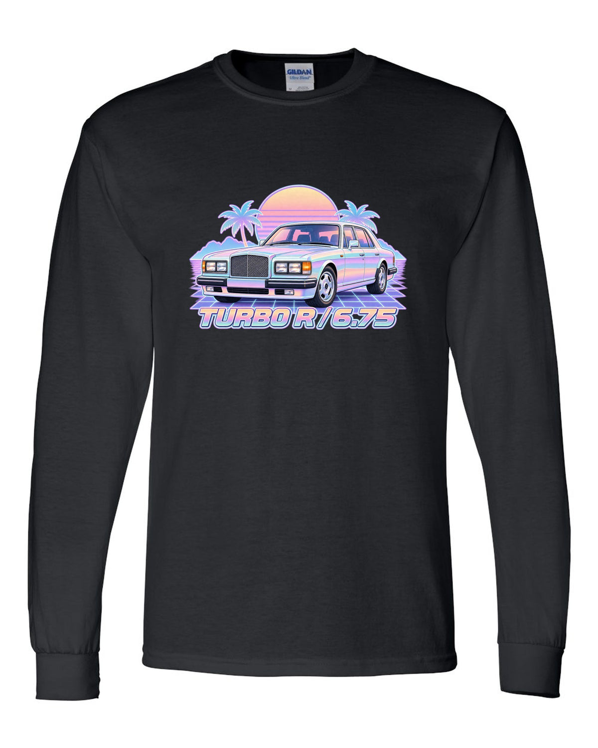 Pastel vaporwave illustration of a Bentley Turbo R front grille with TURBO R 6.75 lettering black long sleeve front view with the design