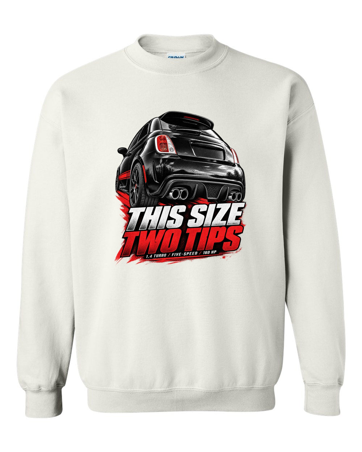 Low rear crop of a US Fiat 500 Abarth exhaust and diffuser on a print white crewneck front view with the design