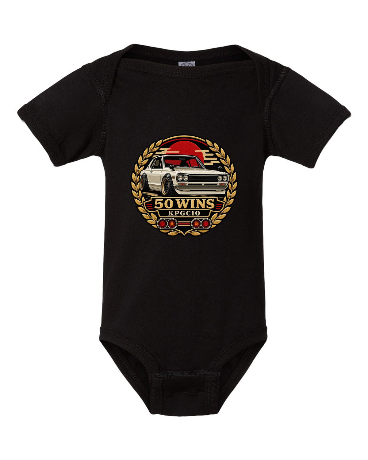 Round crest print for the Skyline Hakosuka KPGC10 with 50 Wins lettering black baby onesie front view with the design