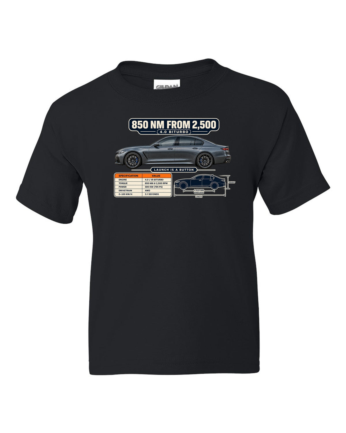 Spec poster print of a Nardo-style grey Mercedes-AMG E63 S W213 facelift black kids tee front view with the design