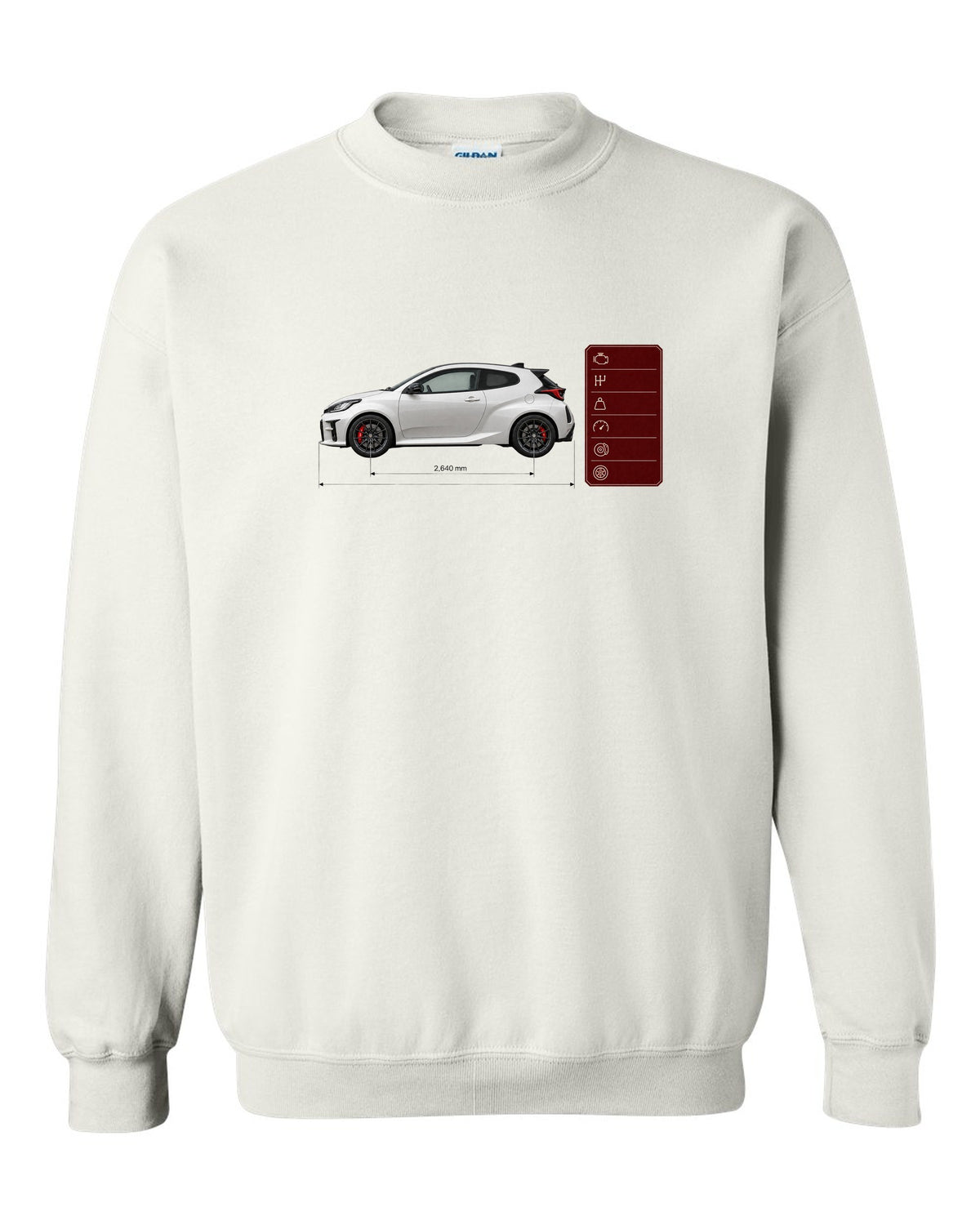 Pearl white-grey Toyota GR Yaris Circuit Package spec poster with homologation text white crewneck front view with the design
