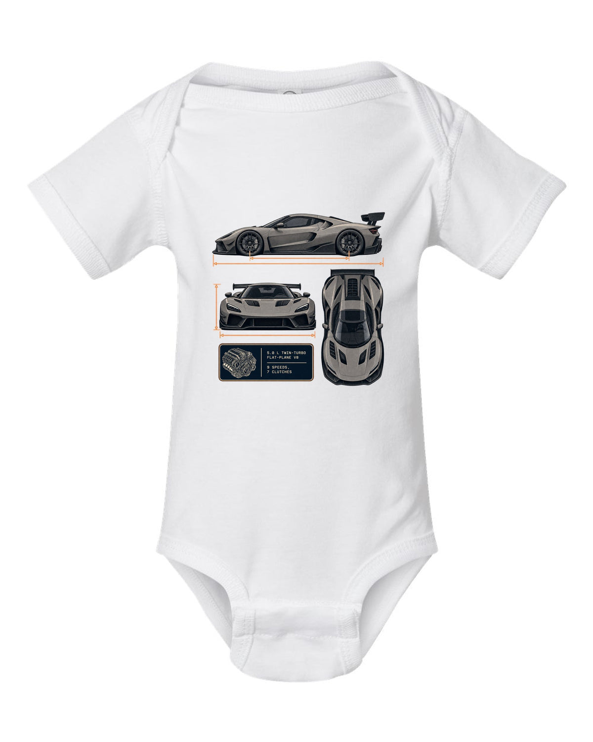 Three-view drawing and spec table of the Koenigsegg Jesko Attack, print white baby onesie front view with the design