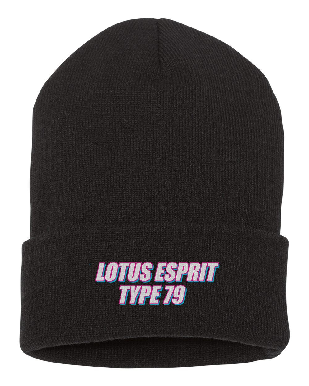 Lotus Esprit Type 79 black beanie front view with car name