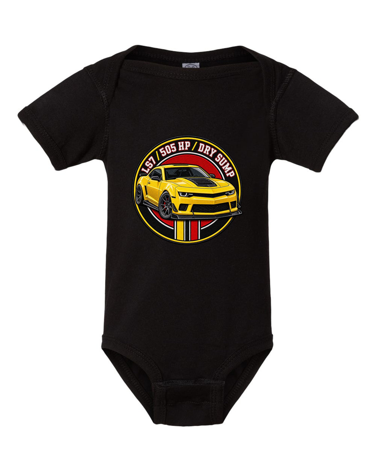 2014 Camaro Z/28 in a varsity crest design with text LS7 505 HP Dry Sump black baby onesie front view with the design