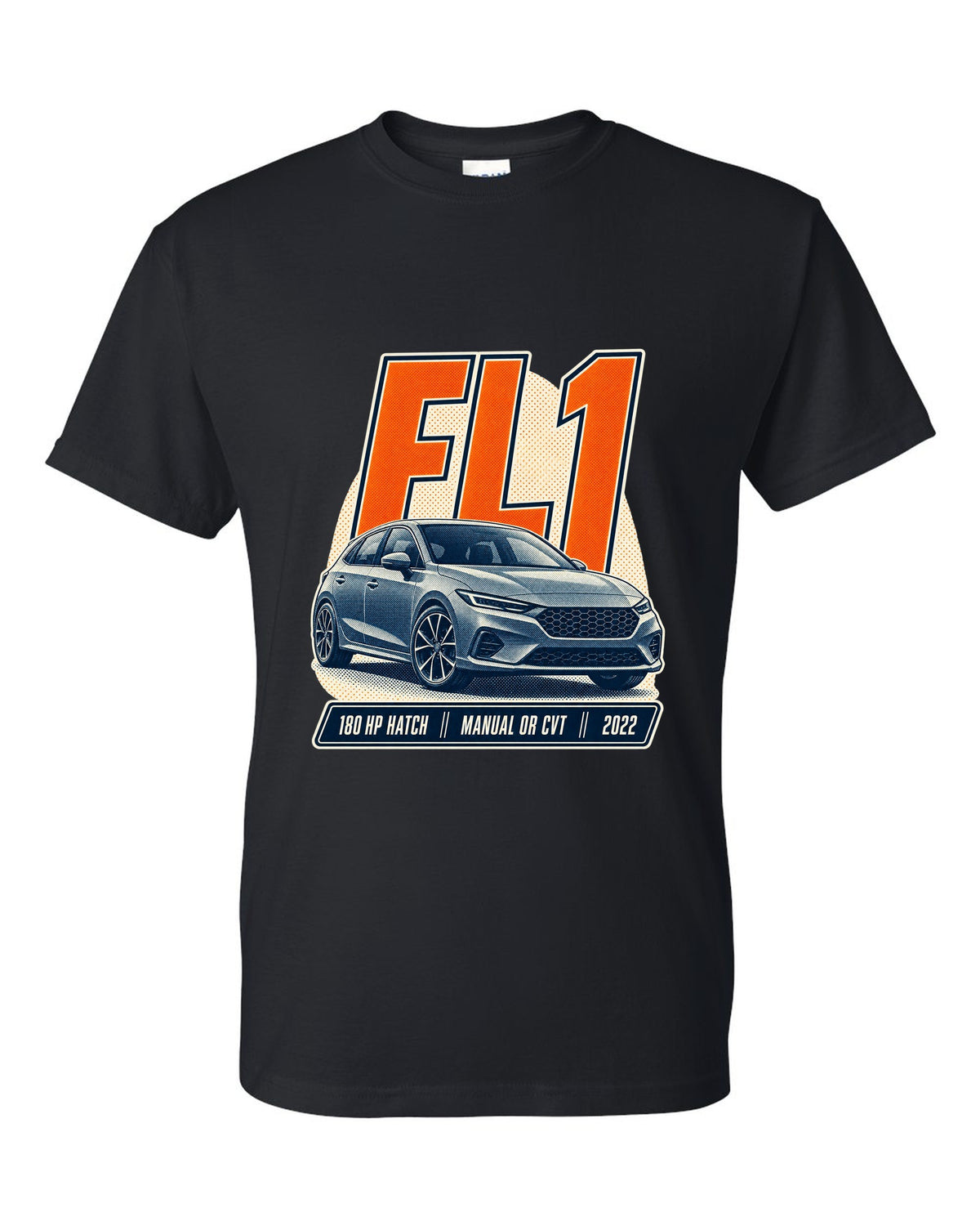 Honda Civic chback FL1 halftone front three-quarter print black t-shirt front view with the design