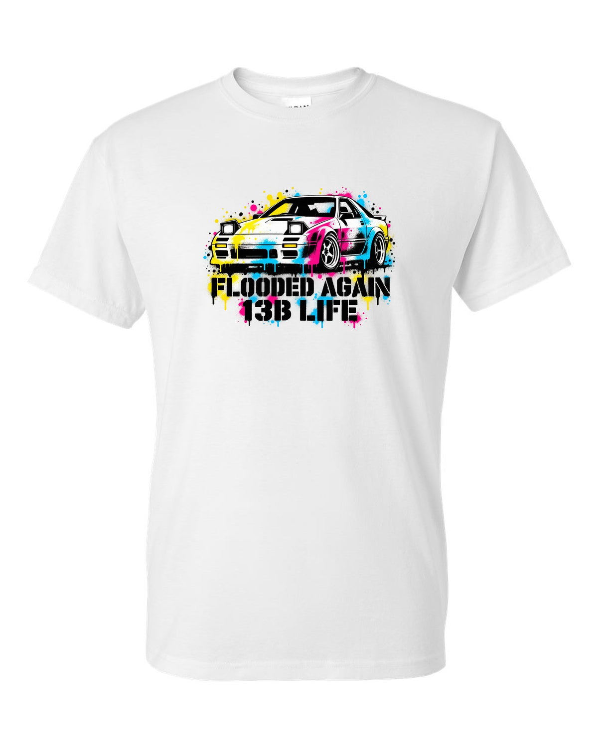 Stencil spray street art print for the Mazda RX-7 FC3S with flooded again 13B life lettering white t-shirt front view with the design