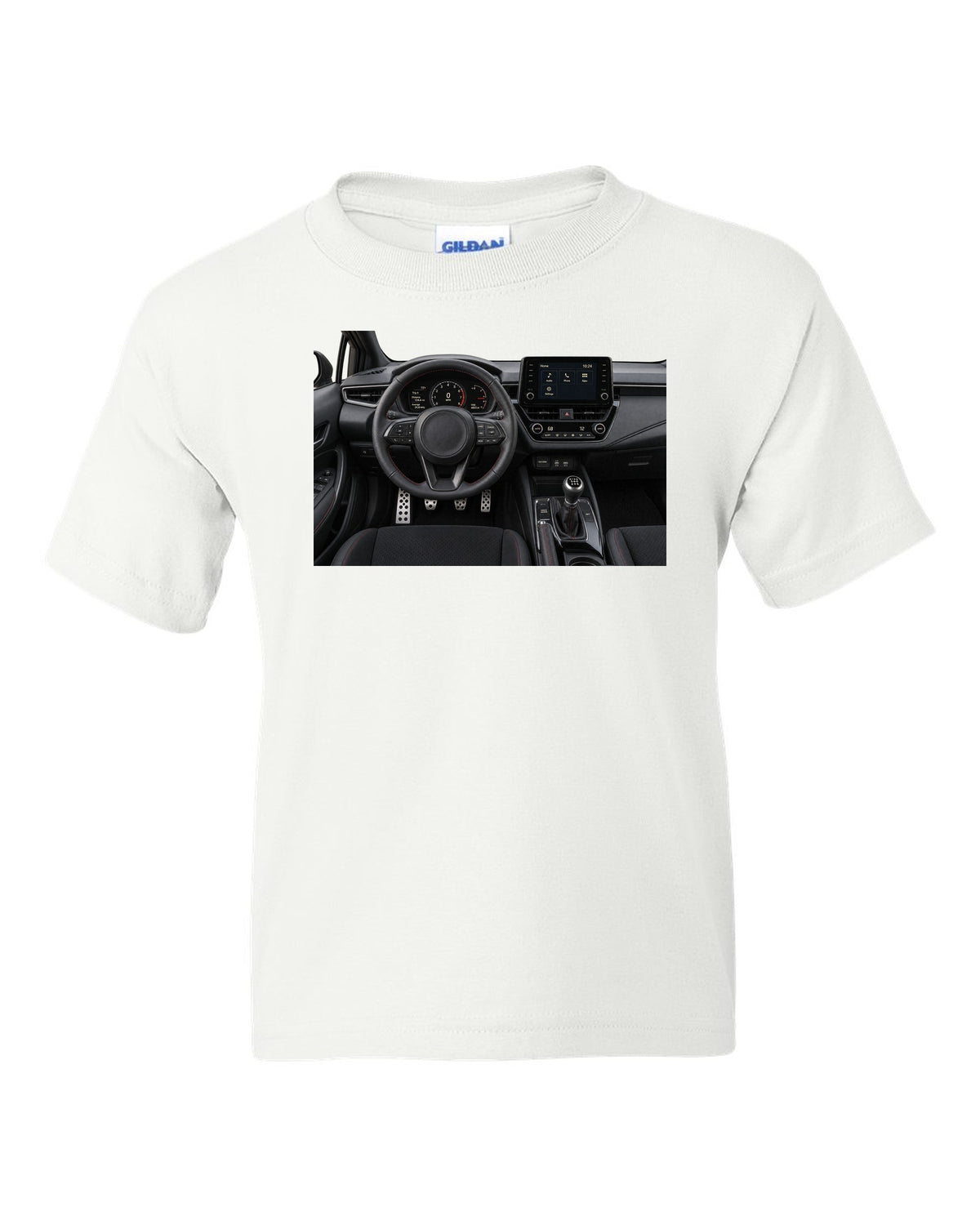 Overhead Toyota GR Yaris G16E-GTS engine bay illustration white kids tee front view with the design