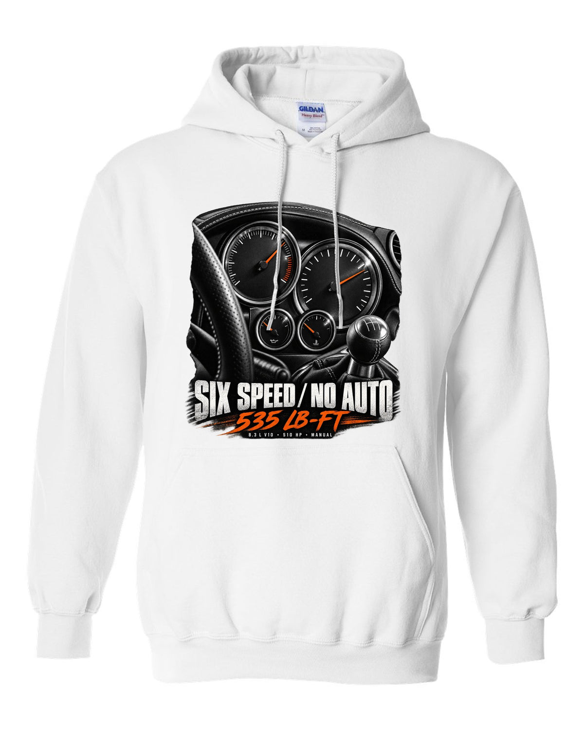 2006 Dodge Viper SRT-10 ZB I instrument gauge cluster print with six speed lettering white pull over hoodie front view with the design