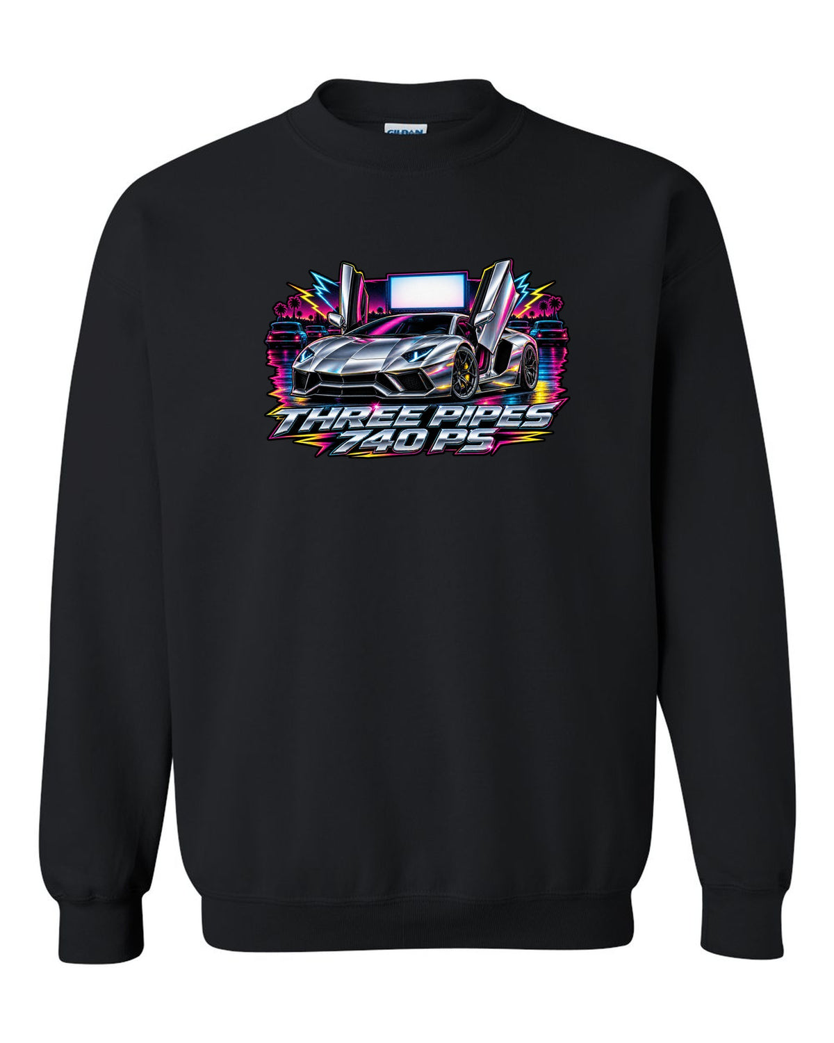 80s airbrush chrome Lamborghini Aventador S LP740-4 with the text THREE PIPES / 740 PS black crewneck front view with the design