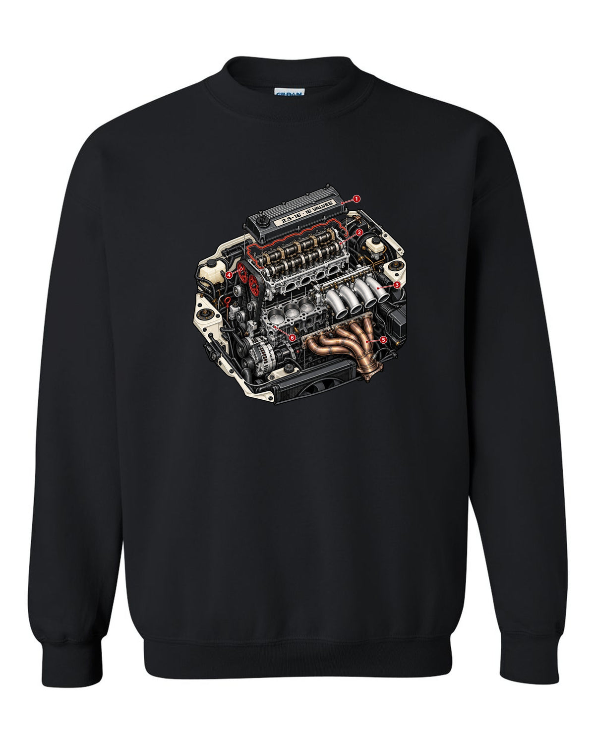 Exploded cutaway engine illustration for a Mercedes 190E 2.5-16 Evo II W201 black crewneck front view with the design