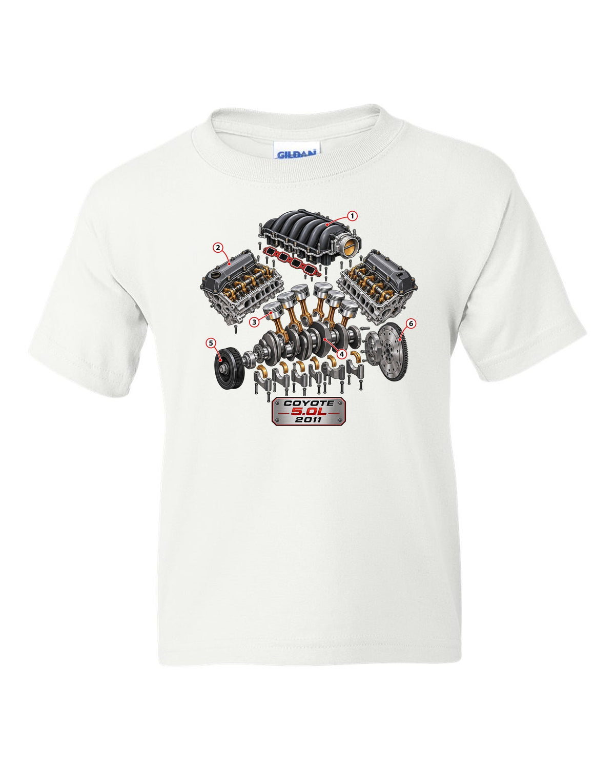 Isometric exploded cutaway of a Ford Coyote 5.0L engine for the S197 Mustang white kids tee front view with the design