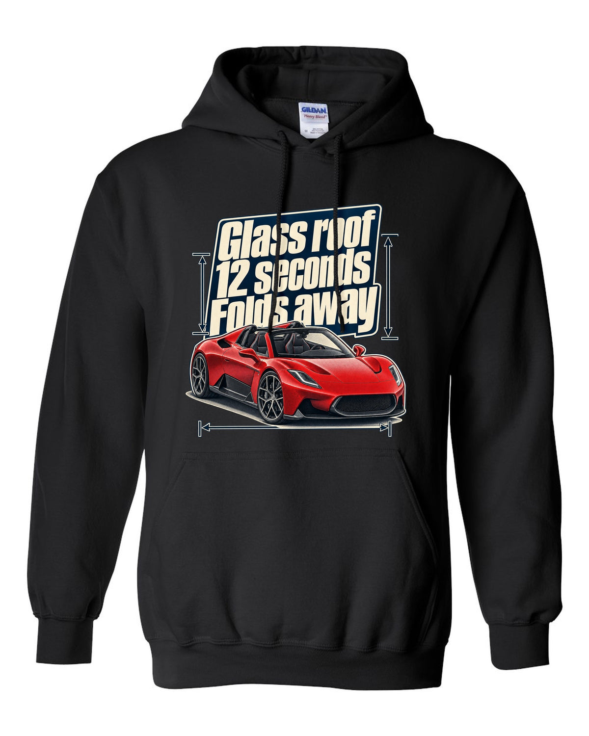 Maserati MC20 Cielo editorial headline print on a shirt black pull over hoodie front view with the design